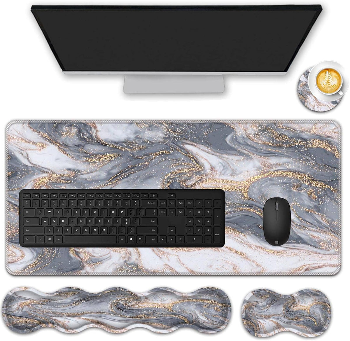 Mouse Pad Set,(31.5×11.8 in) Desk Pad + Keyboard Wrist Rest Support + Mouse Wrist Rest + Coaster for Office,Home,Computer,Laptop - 4 Grey Gold Marble
