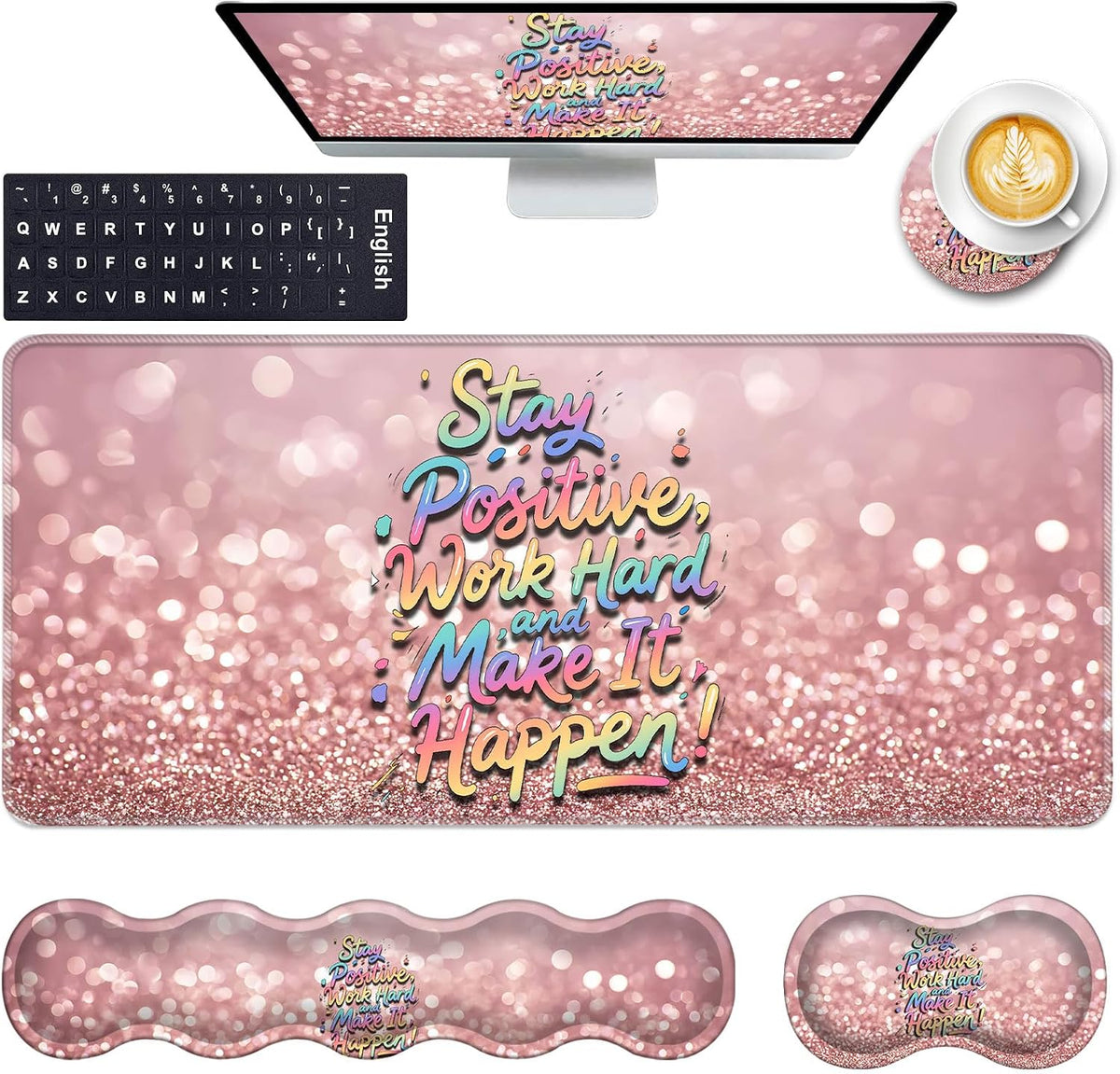 Keyboard Wrist Rest and Mouse Pad with Wrist Support Set Ergonomic Coaster,Memory Foam,Easy Typing Pain Relief,XL Desk Mat 31.5"x 11.8",Stay Positive Work Hard and Make It Happen Inspirational Quotes