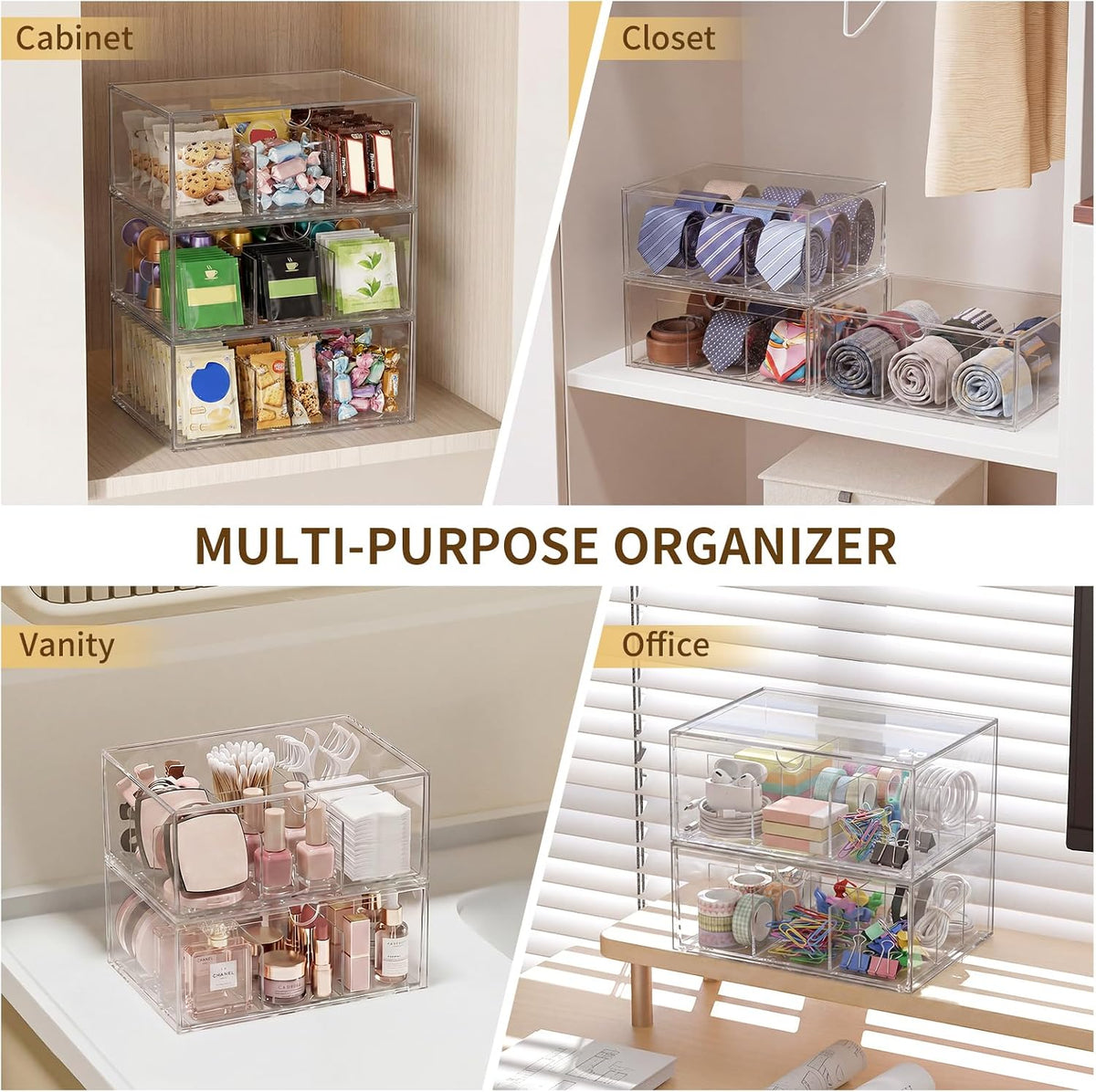 3 Pack Clear Tea Bag Organizer Drawer, Stackable Tea Storage Chest with Dividers for Kitchen, Pantry, Bathroom, Vanity, Countertop – Multi-Purpose Coffee, Cosmetic, Jewelry, Craft Acrylic Storage Bins