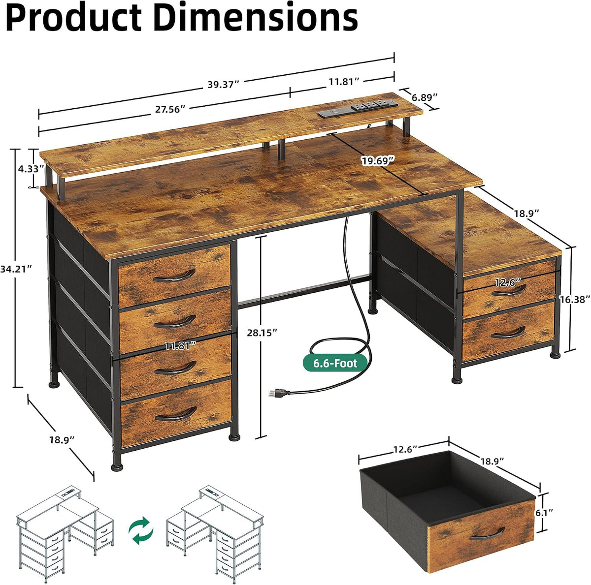 52 Inch Office Desk with 6 Drawers and Printer Space for Storage, Reversible Computer Desk with Monitor Stand & Power Outlets, Home Office Desks, Vintage Brown