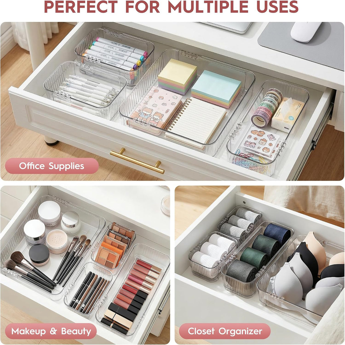 4-Piece Expandable Drawer Organizer Set, Clear Adjustable Drawer Organizer Trays, Multi-Size Storage Bins for Kitchen, Bathroom, Makeup, Desk and Office, Durable PET