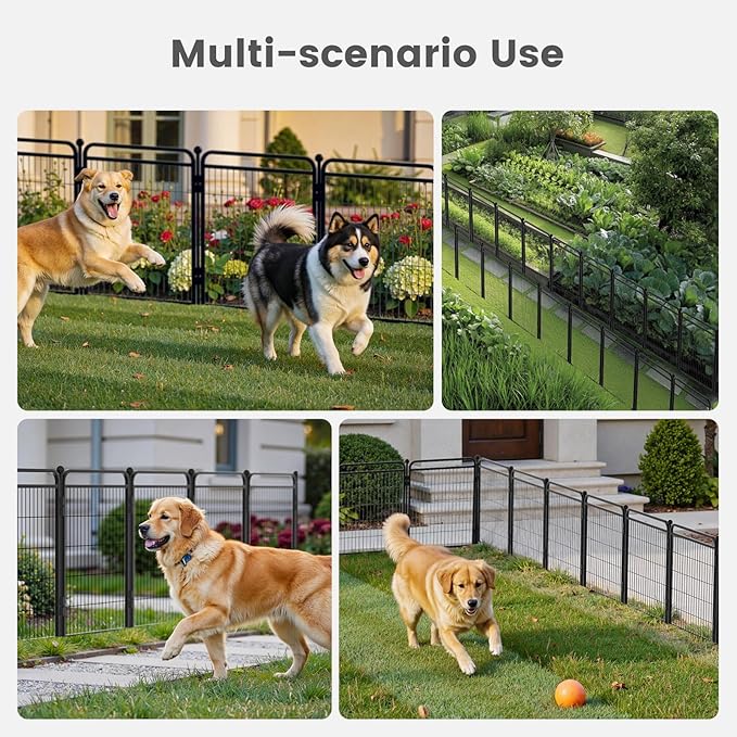 24 in(H) Decorative Garden Fence Outdoor for Yard with Gates,Heavy Duty Iron 16 Panels Total 29.4ft(L) Anti Dig Fence with Gravity Automatic Lock for Indoor/Outdoor Decorative Dog Fence,Black