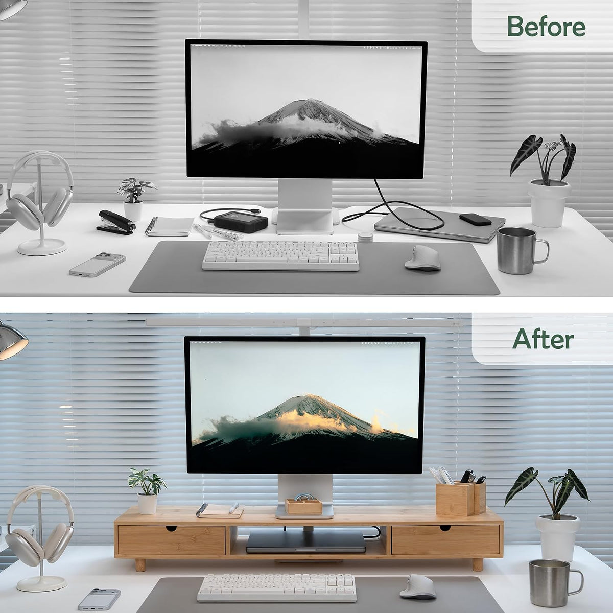 Bamboo Dual Monitor Stand, Natural Desk Shelf with 2 Drawers