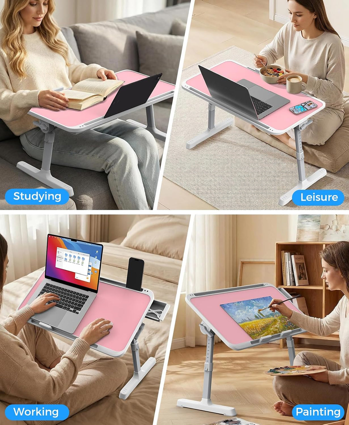 HETTHI Laptop Bed Tray Table, Adjustable Sturdy Laptop Stand for Bed with Premium Materials, Folding Portable Lap Desk with Drawer for Writing Working Reading Eating Couch Floor (Pink, 22.04"×12.2")