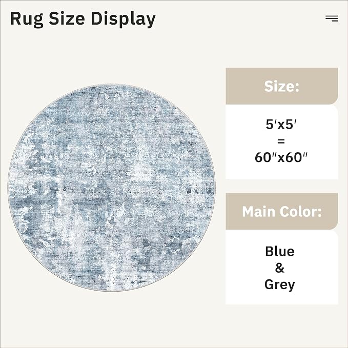 Soalmost 5x5 Blue/Grey Round Rug 5ft Living Room Circle Rug Vintage Round Area