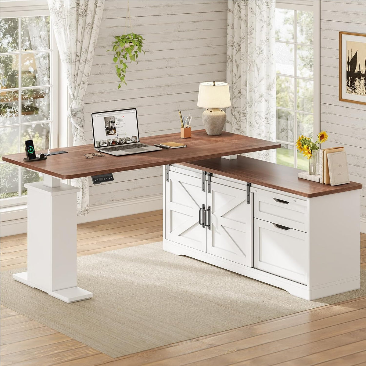 SEDETA Farmhouse 55 inch L Shaped Standing Desk with Storage Drawers