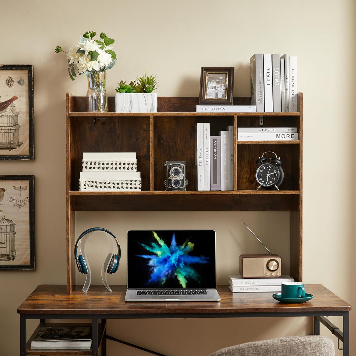 Nromant Desktop Bookshelf, Wooden Desk Storage Hutch with 6 Shelves for Computer Desk, 3-Tier Desktop Display Organizer Rack for Office Home (Brown)
