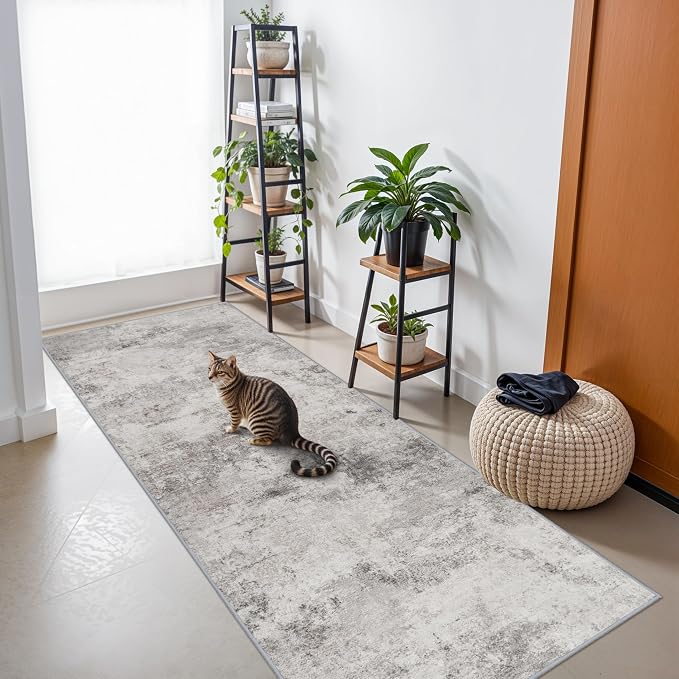 Grey Abstract 3x8 Washable Hallway Runner Rug | Non Slip Low Pile Soft Carpet