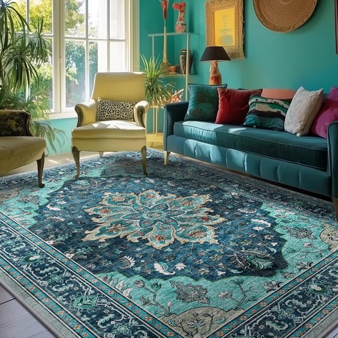 RELEANY Area Rugs 5'x7' Washable Non-Slip, Floral Vintage Distress Medallion