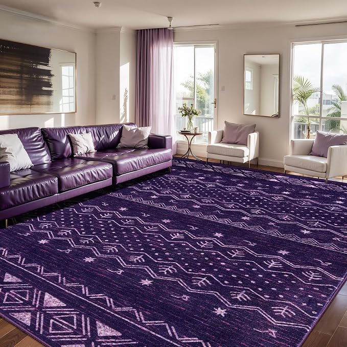 SERISSA 8x10 Area Rugs for Living Room, Washable Non-Slip Purple and White Boho
