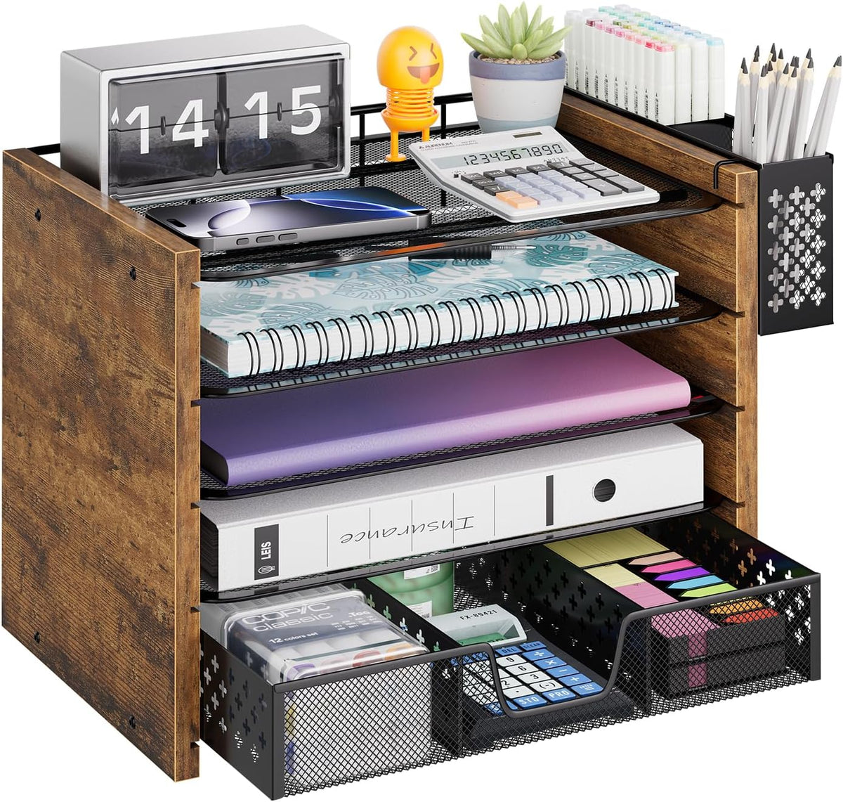 Simple Trending Wood Desk Organizer, 5-Tier File Organizer, Rustic Brown