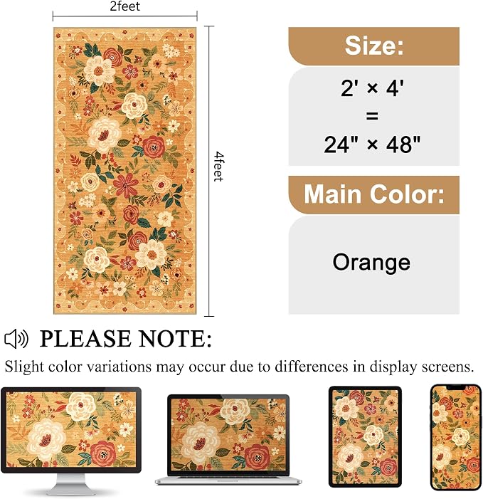 DUKINO 2x4 Rug for Entryway, Washable Kitchen Floral Runner Rug
