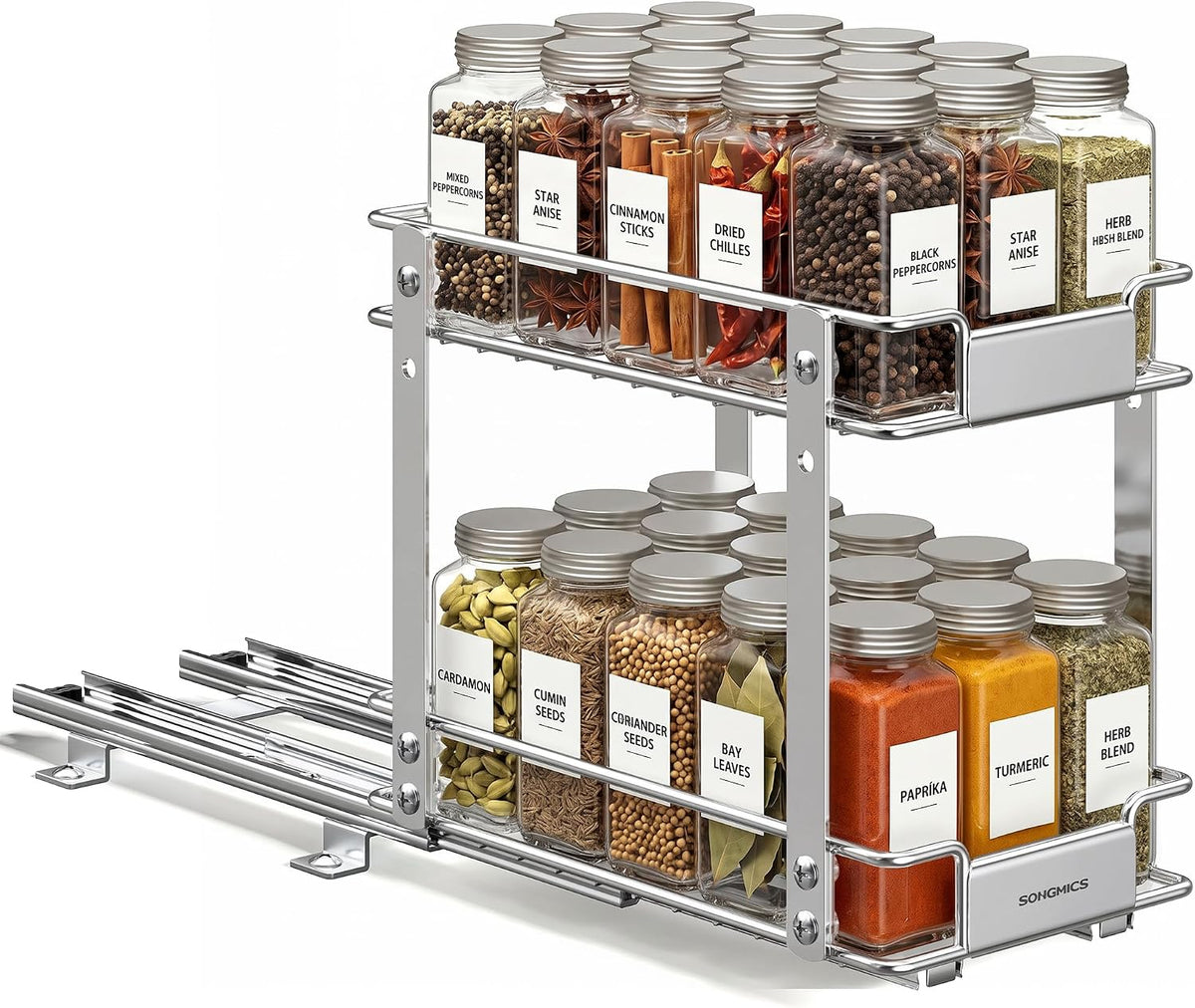 SONGMICS Spice Rack Organizer for Cabinet, Pull Out 2 Tier Thick Steel