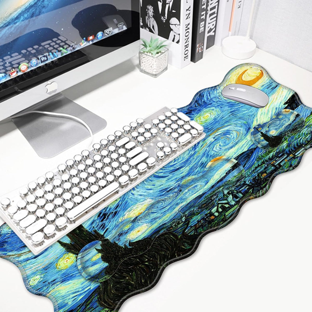 4 in 1 Desk Mat Set,Mouse Pad with Keyboard Wrist Rest,Wave-Shaped Design,Non-Slip Rubber Base,Waterproof,for Home,Office,Gaming,Starry Night
