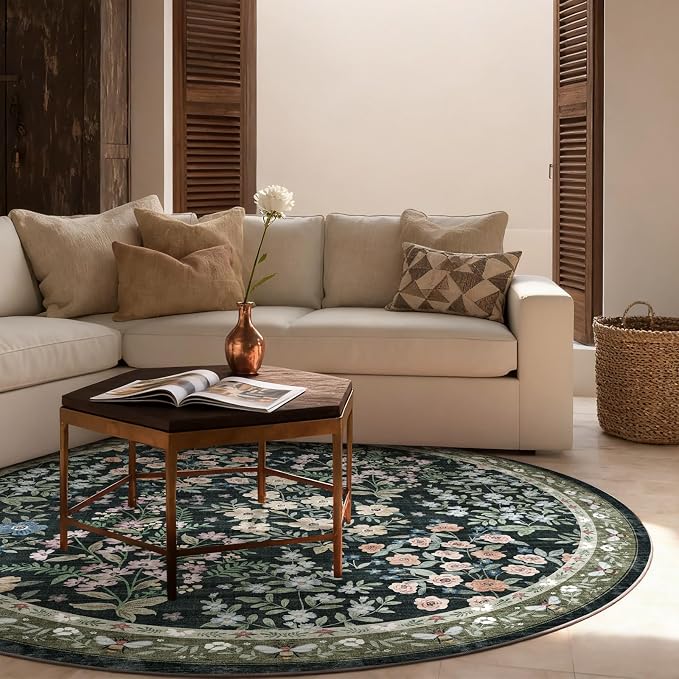 Washable Round Rugs for Bedroom 4ft: Living Room Rug Stain Resistant Non Slip