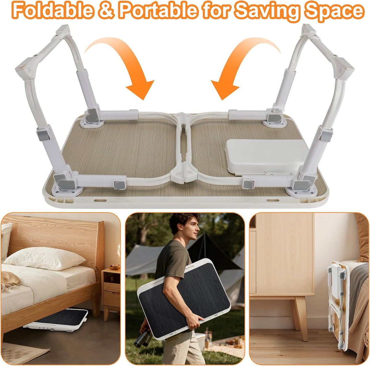 Laptop Desk for Bed, Adjustable Height Laptop Bed Table, Foldable Lap Desk with USB Charge Port, Desktop Card Slot, Side Drawer, Book Shelf, Portable Lap Tray for Eating Reading Working Sofa & Floor