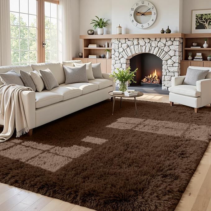 5x8 Area Rugs for Living Room: Soft Fluffy Shag Brown Rugs for Bedroom