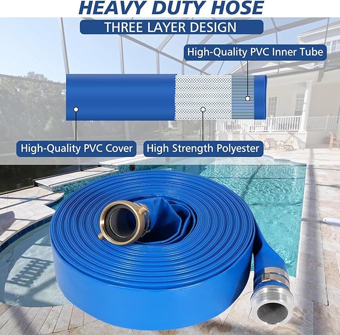 1.5" x 50 ft Backwash Hose for Swimming Pools, Heavy Duty PVC Lay Flat Water