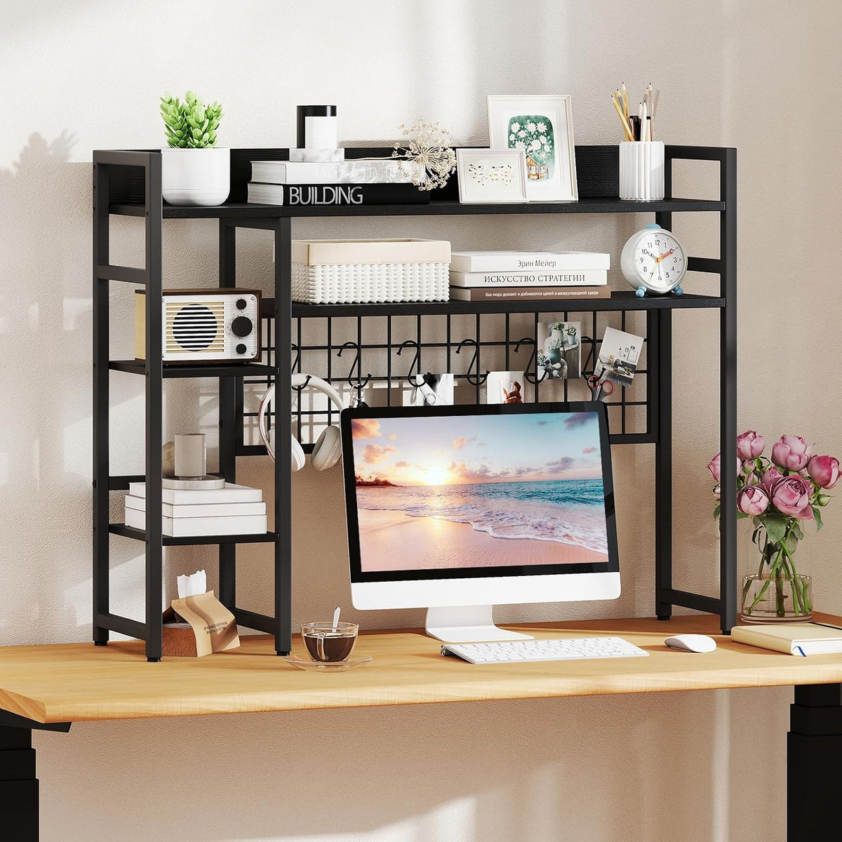 Tangkula Desktop Bookshelf for Computer Monitor Up to 32”, Countertop Storage Hutch with 4 Open Shelves, Grid Panel, 6 Hooks, Anti-tip Device, 4-Tier Desktop Shelves for Home Office Dorm, Black
