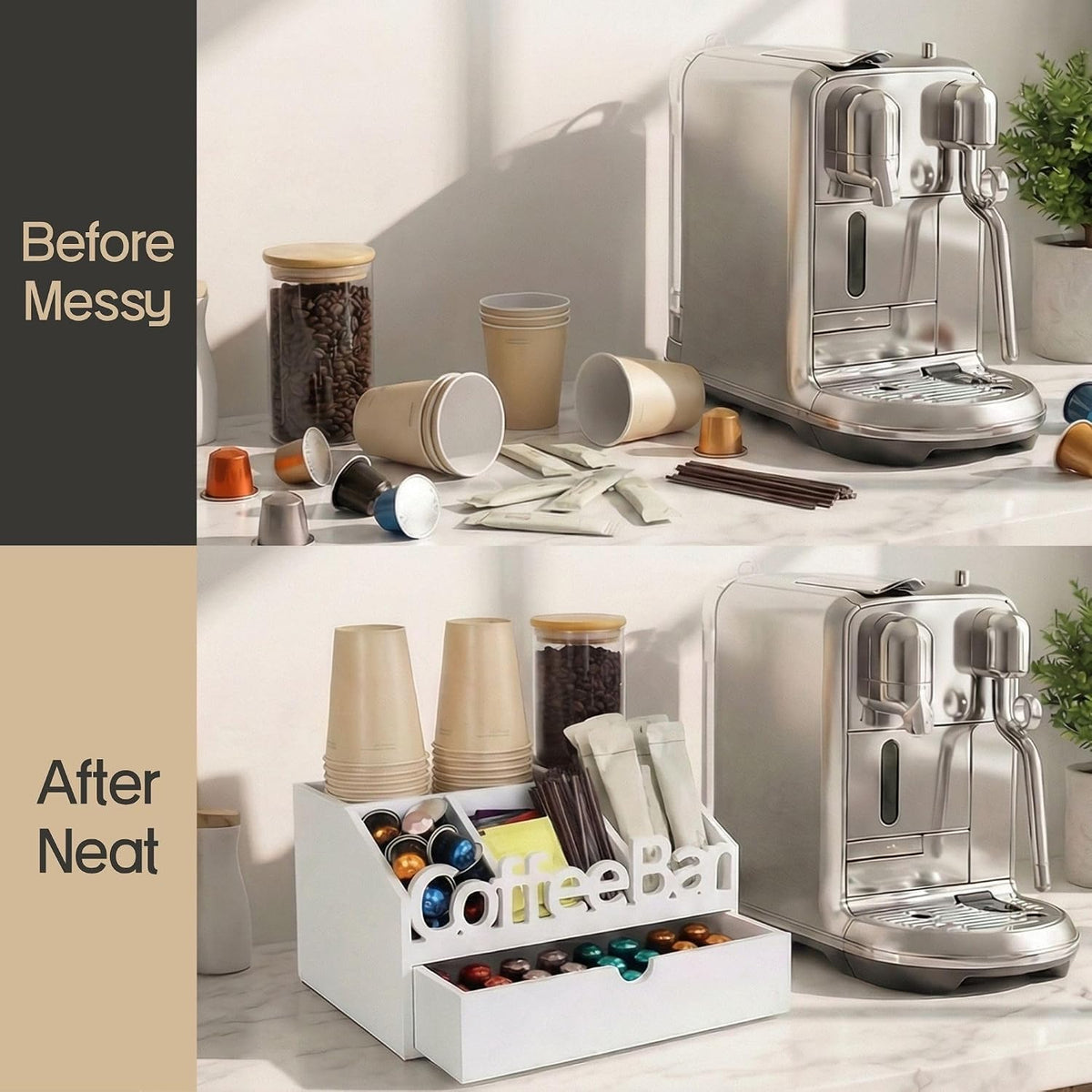 Coffee Bar Organizer Countertop,Wood Coffee Station with Drawer,Home&Office