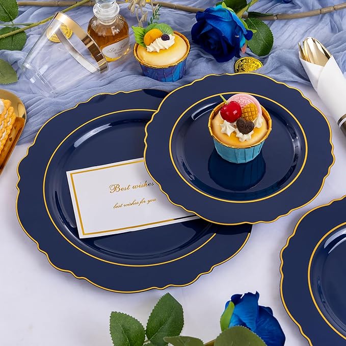 Liacere 350PCS Navy Blue Plastic Plates-Disposable Blue Gold Plates 50guest Plastic Dinnerware include 100Plates,50Pack Pre Rolled Napkins with Silverware 50Cups for Wedding＆Halloween
