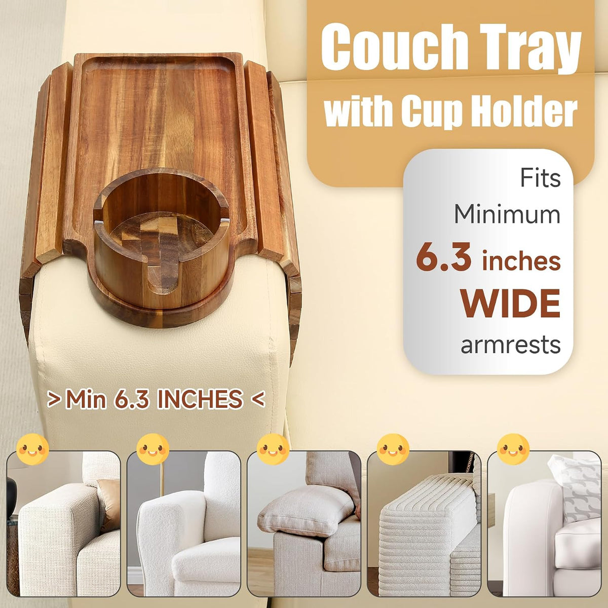 SINWANT Couch Cup Holder Tray,Fit Sofa Armrests 6.3" and Wider,Acacia