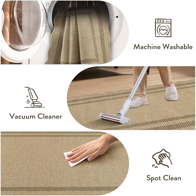 LIVEBOX Scalloped Washable 2x6 Kitchen Runner Rug, Easy Jute Geometric Tan Rugs