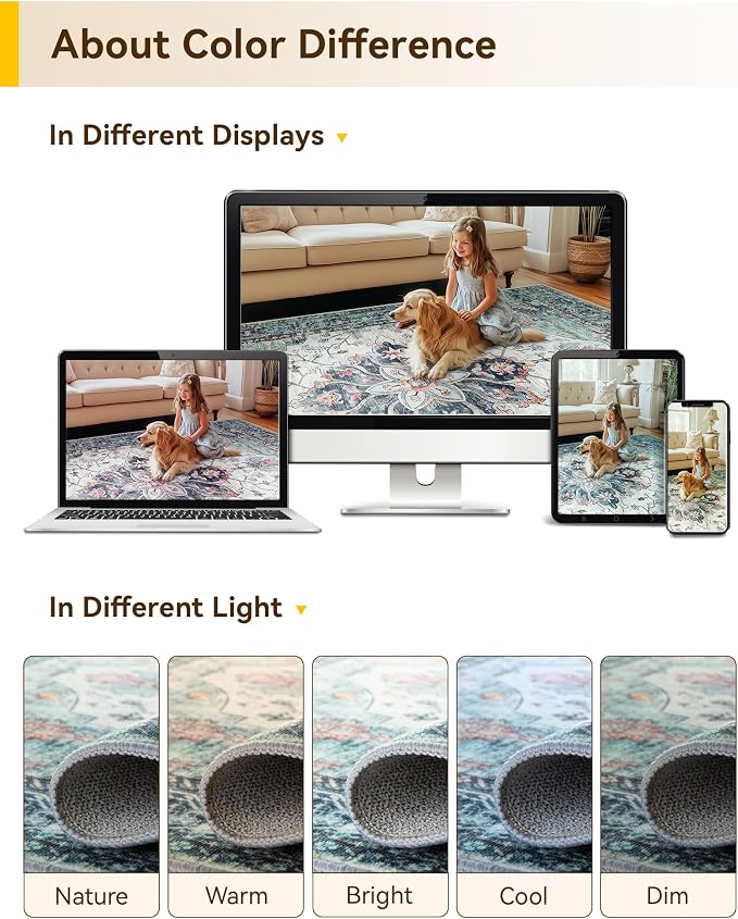 RELEANY Area Rugs Large 10'x14' Washable Non-Slip, Floral Vintage Distress