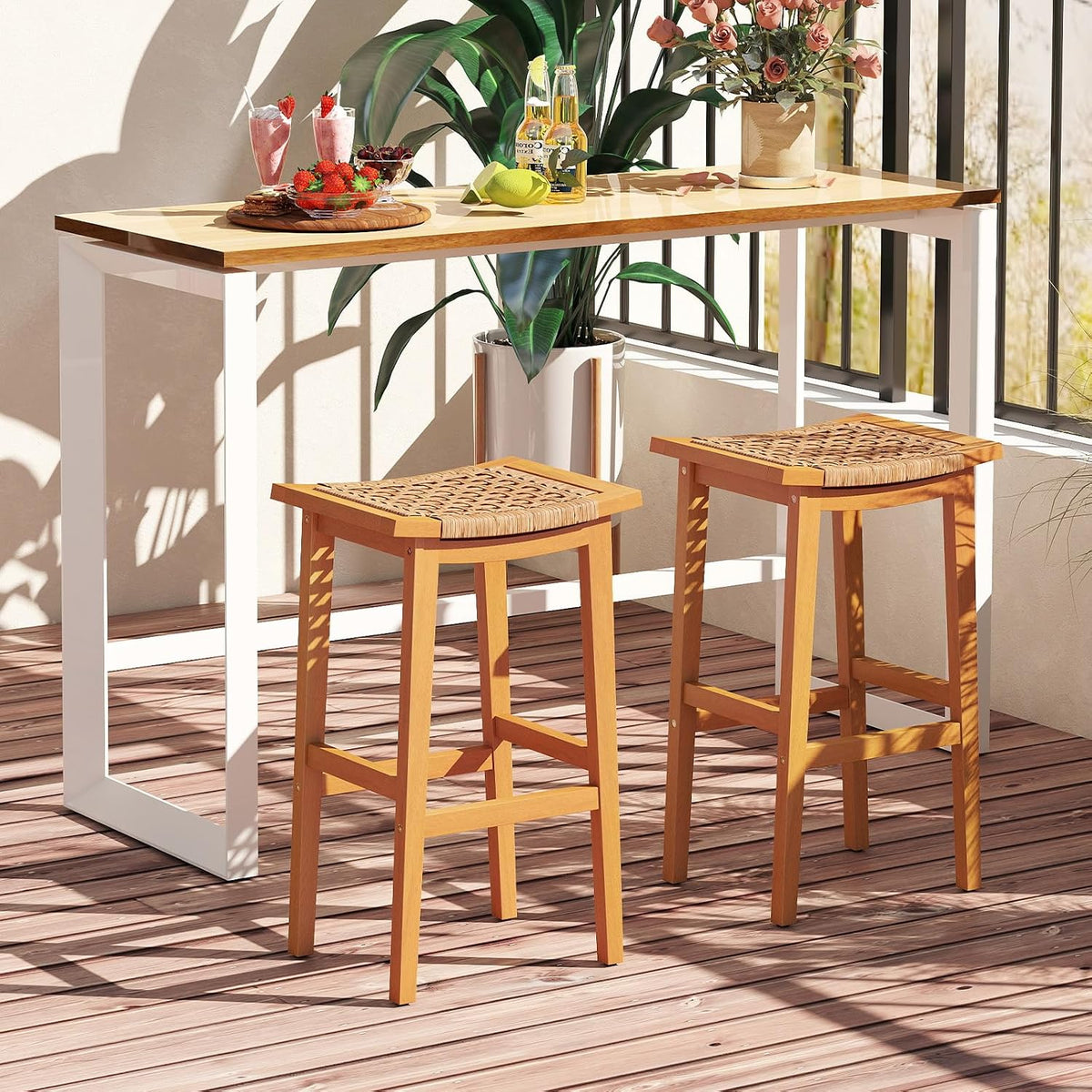Giantex Outdoor Wooden Bar Stools Set of 4, 29" Backless Patio Barstools with PE Rattan Saddle Seat & Footrest, Solid Acacia Wood Bar Height Stools for Porch, Garden, Backyard, Poolside, Armless