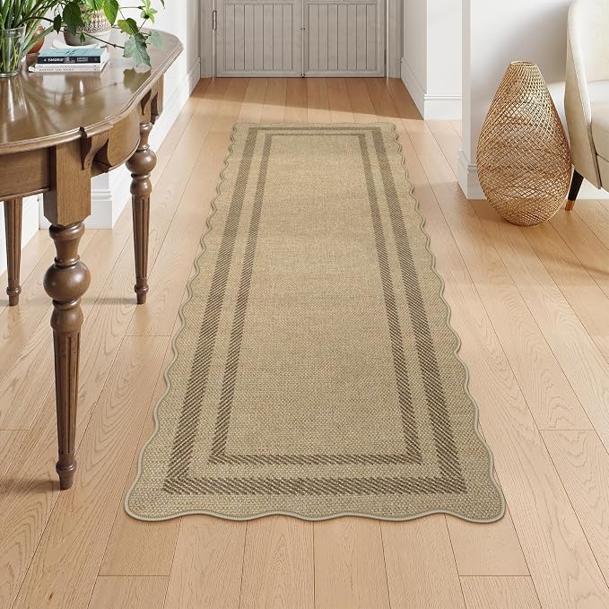 LIVEBOX Scalloped Washable 2x6 Kitchen Runner Rug, Easy Jute Geometric Tan Rugs