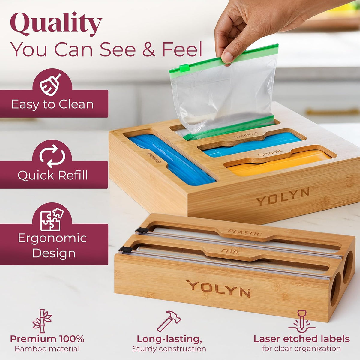 Bamboo Food Storage Bag Organizer for Drawer with Foil & Plastic Wrap Dispenser – Premium Detachable Kitchen Organizer for Gallon, Quart & Sandwich Bags