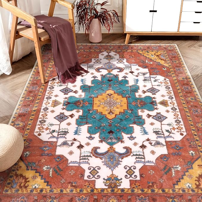 SERISSA Boho Area Rug 5x7 Orange, Washable Large Rugs