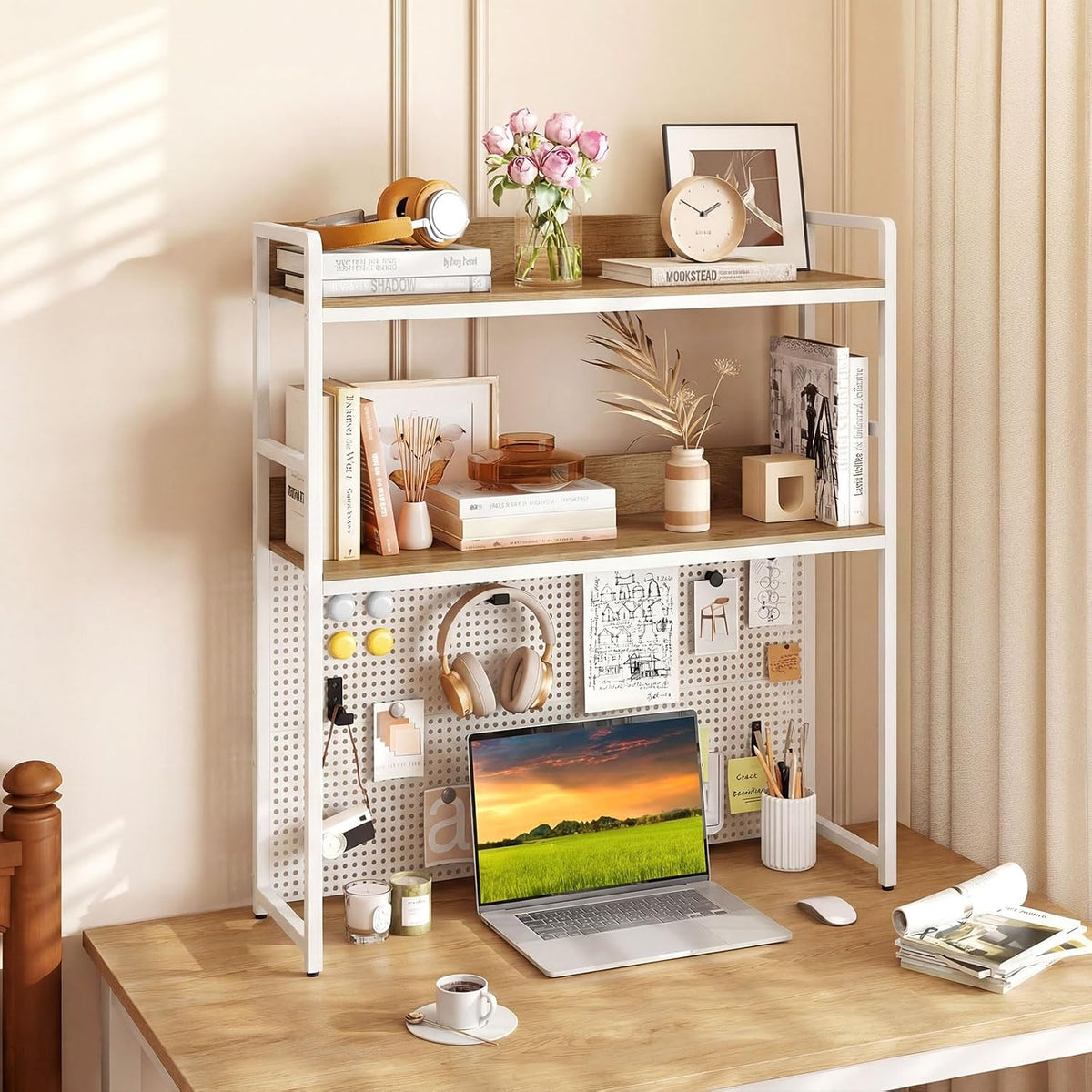 GIANTEX Desktop Bookshelf, 2-Tier Desk Hutch Dorm with Pegboard for up to 32" Computer Monitor, Industrial Countertop Storage Organizer Rack, Desk Shelf for Home Office (Natural)