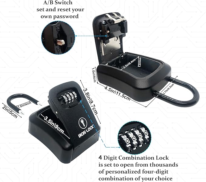 Iron Lock® Key Lock Box Portable with U-Shackle & Wall Mount – Medium Waterproof Heavy-Duty Metal Safe with 4-Digit Combination for Spare Keys Outside on Door Knob, Fence or Gate (Black, Medium)