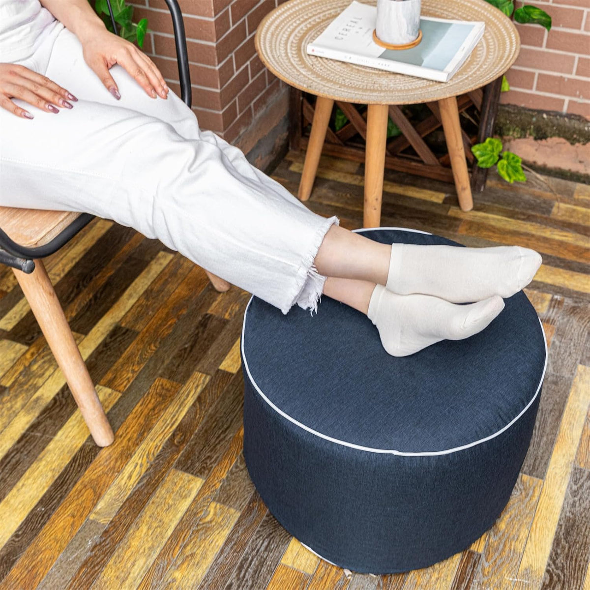 Outdoor Ottoman for Patio, Navy, Outdoor Pouf Footstool,20x12In