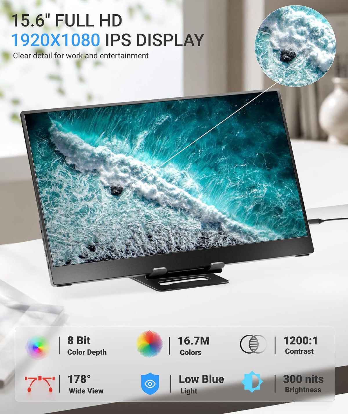 Ingnok Portable Monitor,15.6" FHD 1080P 60Hz Laptop Screen Extender