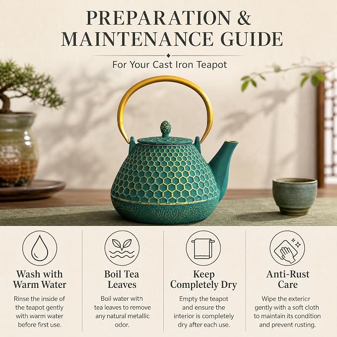 YJX 54oz Cast Iron Tea Kettle for Stovetop, Enameled Interior, Heavy and Durable