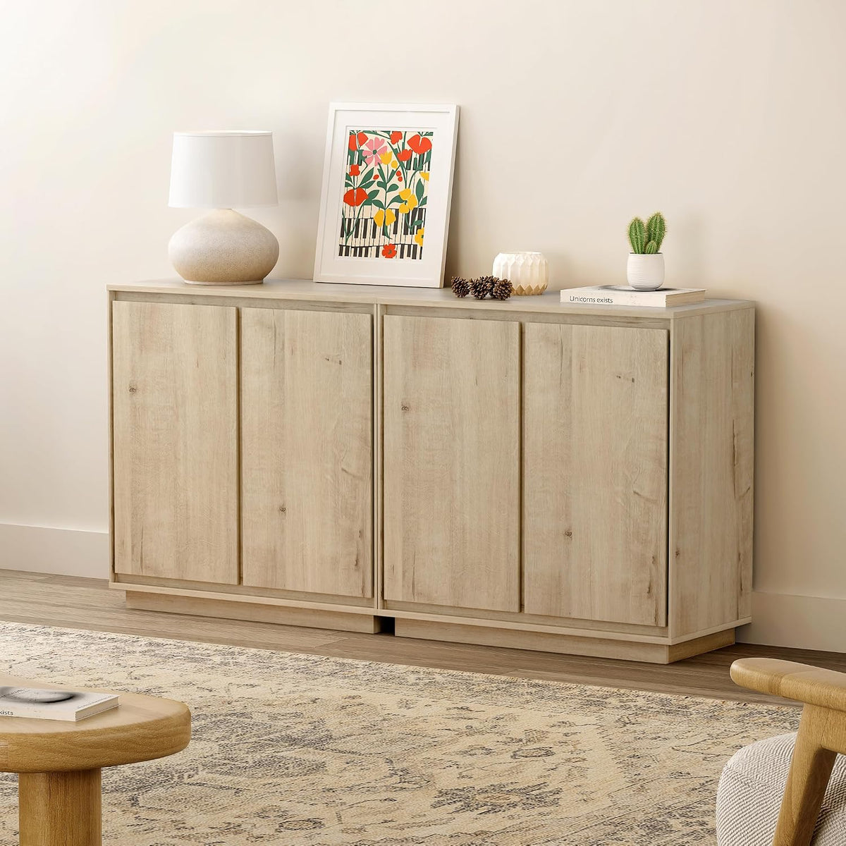 EYYTHUNG Buffet Storage Cabinets Set of 3, Sideboard Accent Cabinet with Adjustable Shelves and Handless Design, Credenza Console Table for Living Room, Light Oak