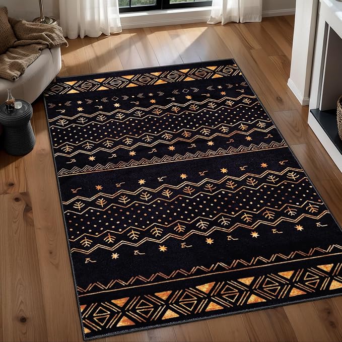 SERISSA 3x5 Area Rugs for Living Room, Washable Non-Slip Black and Gold Small