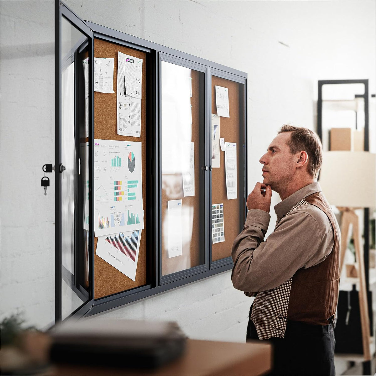 72"x36" Lockable Enclosed Bulletin Board, Outdoor Cork Weather-Resistant Aluminum Frame Notice Board, Wall Mounted Display Case Acrylic Doors for School,Office,Black Frame w/Cork
