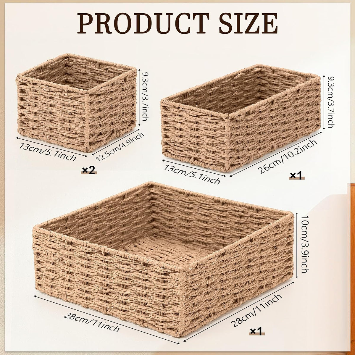 SiliFine Paper Rope Bathroom Woven Storage Basket Set of 4, Natural Color