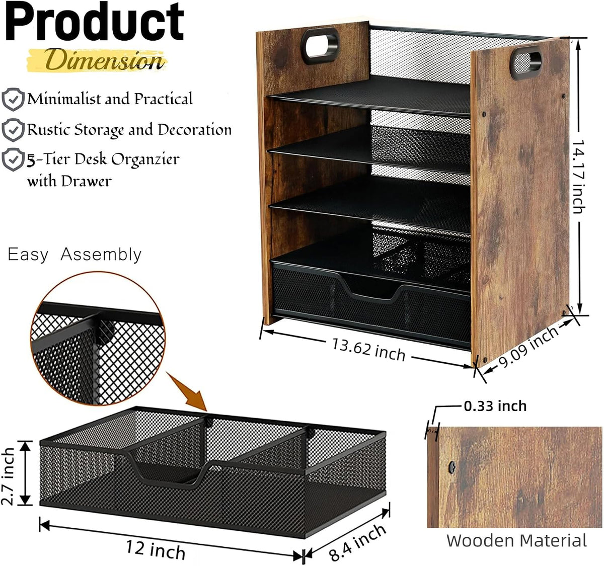 Desk Organizer, 5-Tier Desktop File Organizer with Drawer, Wooden Paper Tray Organizer, Office Desk Organzier and Accessories for Papers, Mail, Notebooks, Stationery