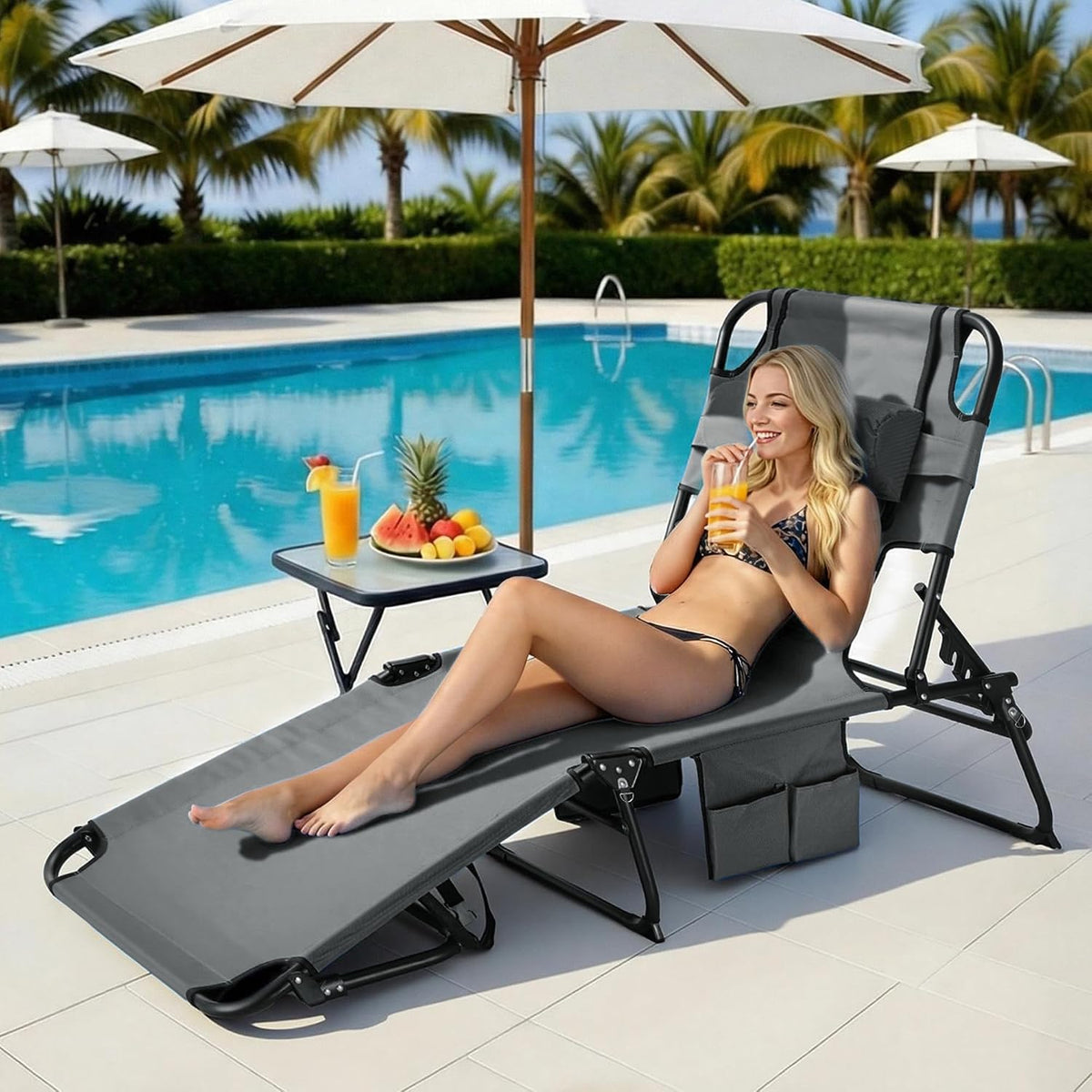 3-in-1 Sun Tanning Chair Outdoor Folding Chaise Lounge for Pool Beach, Grey