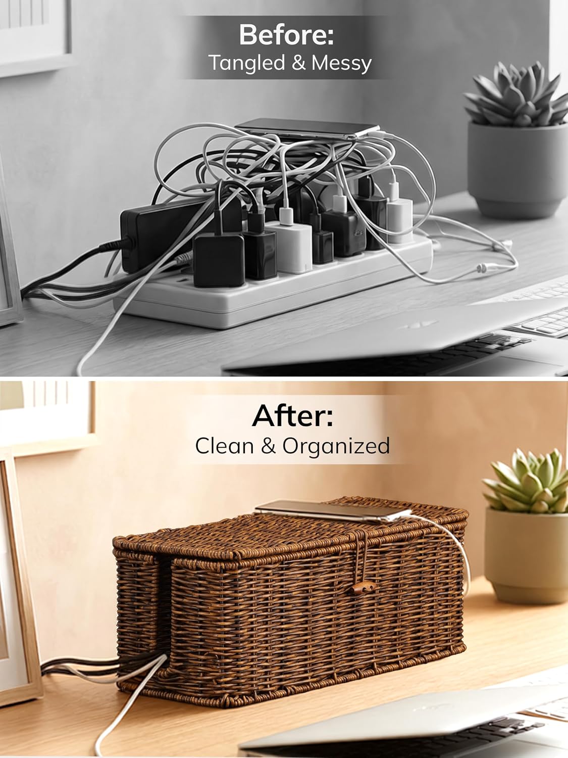 Cable Management Box, Cord Organizer with Lid & Cable Ties - Brown Set