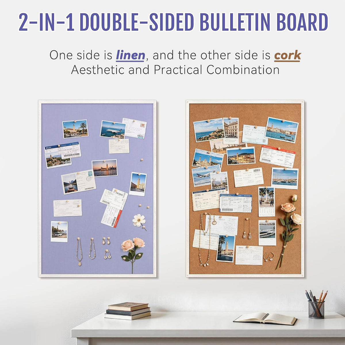 SELEAD Double-Sided Linen and Cork Bulletin Board (36"x24", Purple)