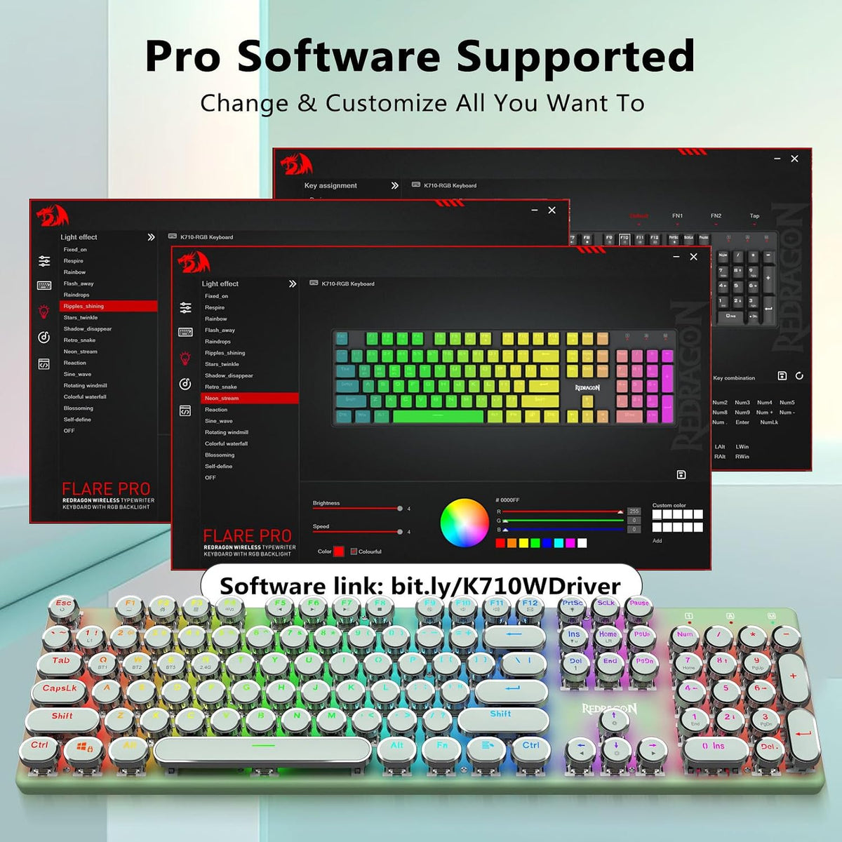 Redragon K710 Wireless Typewriter Mechanical Gaming Keyboard, Green