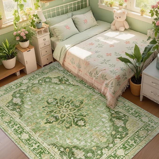 RELEANY Area Rugs 6'x9' Washable Non-Slip, Floral Vintage Distress Medallion