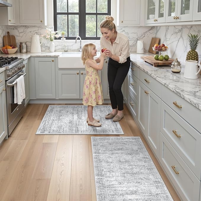 Washable Kitchen Rugs Sets of 2 Piece, Hallway Runner Rug Non-Slip