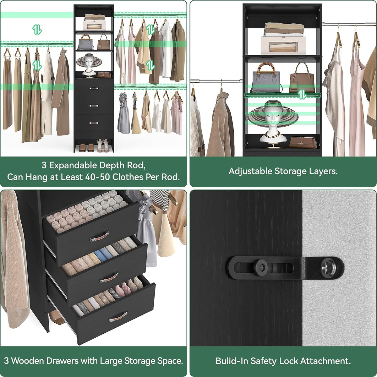Besiost 96'' Closet Organizer System with 3 Hanging Rods, 8FT Closet Organizers and Storage with 3 Wooden Drawers, Built in Closet Organizer Systems, Adjustable Walk-in Wardrobe from 5-8FT, Black
