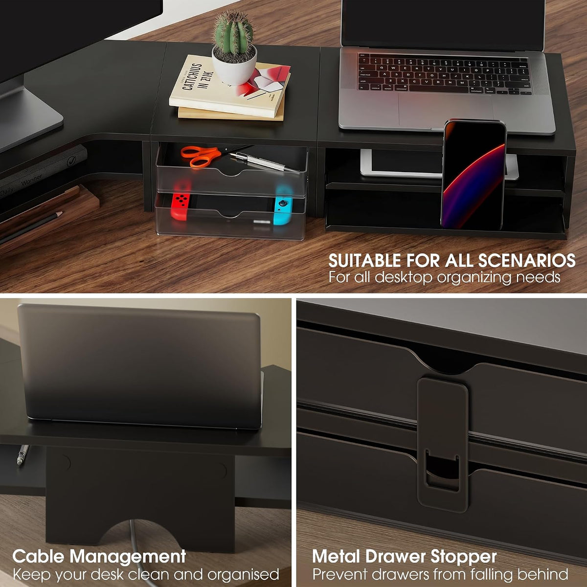 Fenge Dual Monitor Stand, Corner Desk Shelf with Drawer & Slide-Out Tray